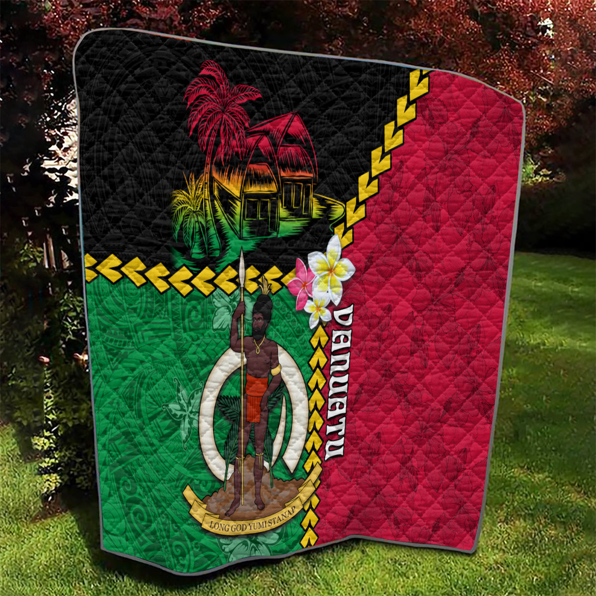 Vanuatu Nakamal and Plumeria Flowers Quilt Polynesian Pattern LT03 - Polynesian Pride