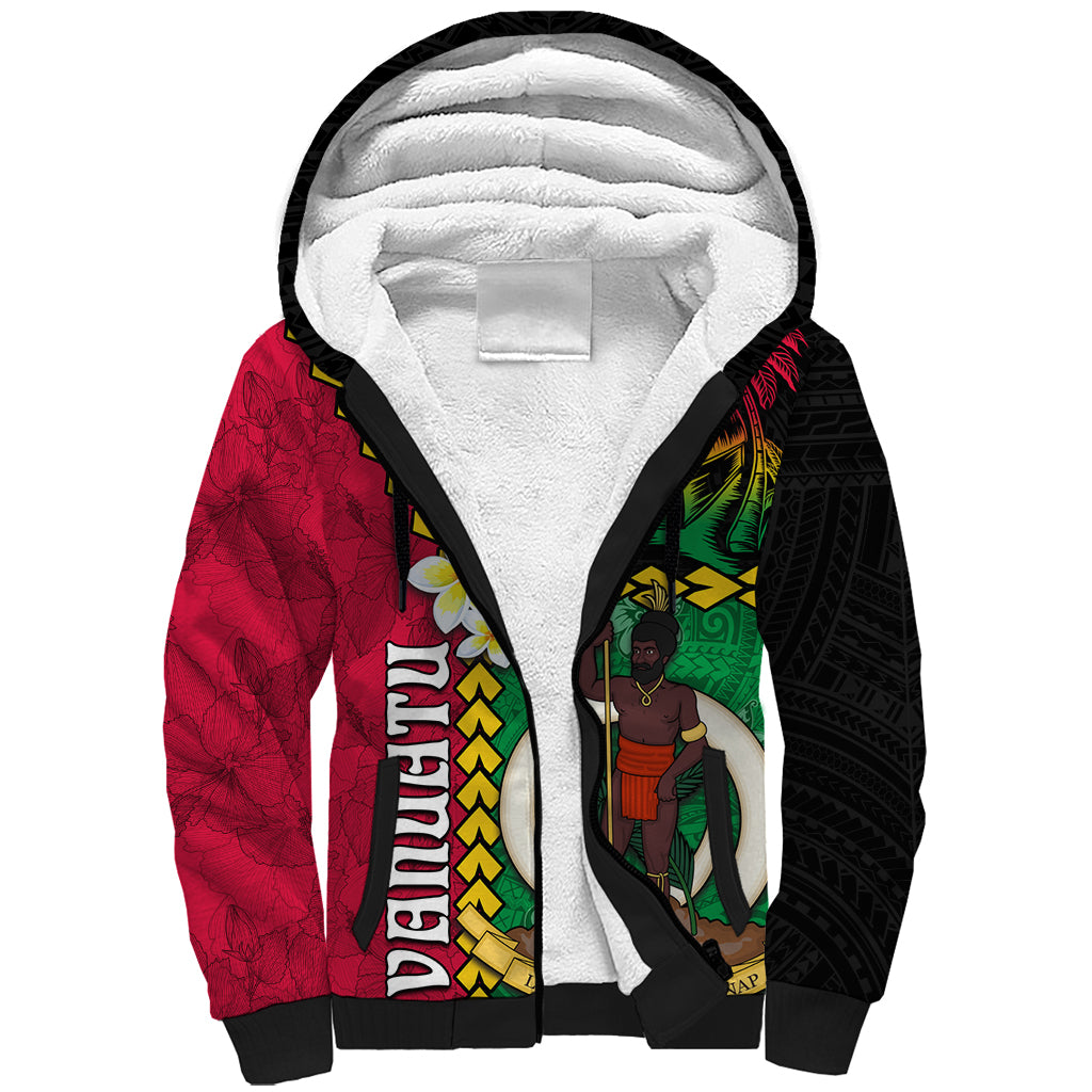 Vanuatu Nakamal and Plumeria Flowers Sherpa Hoodie Polynesian Pattern