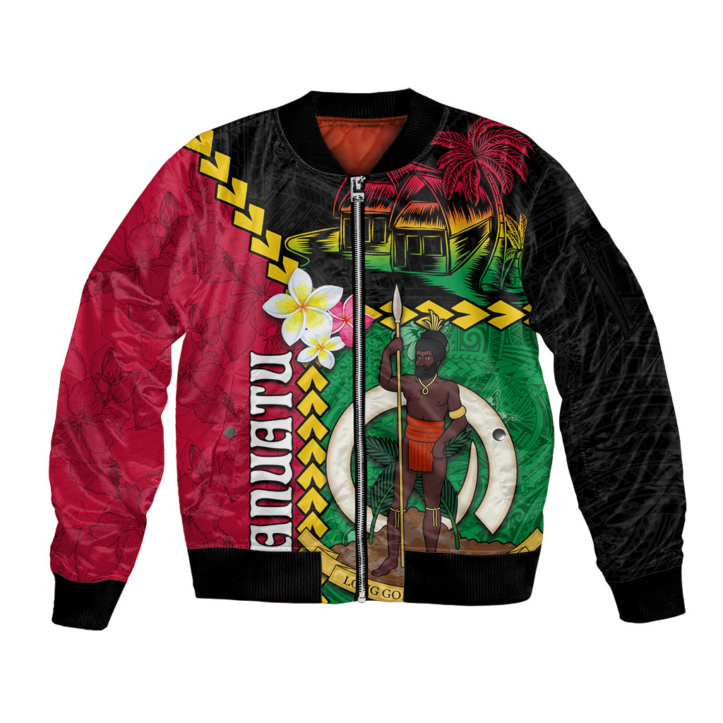 Vanuatu Nakamal and Plumeria Flowers Sleeve Zip Bomber Jacket Polynesian Pattern