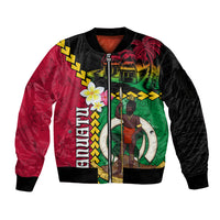 Vanuatu Nakamal and Plumeria Flowers Sleeve Zip Bomber Jacket Polynesian Pattern