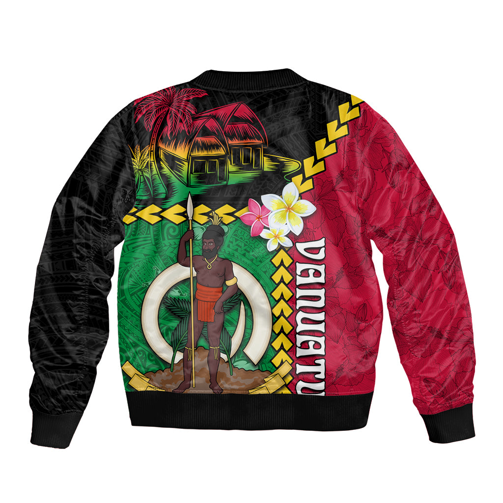Vanuatu Nakamal and Plumeria Flowers Sleeve Zip Bomber Jacket Polynesian Pattern