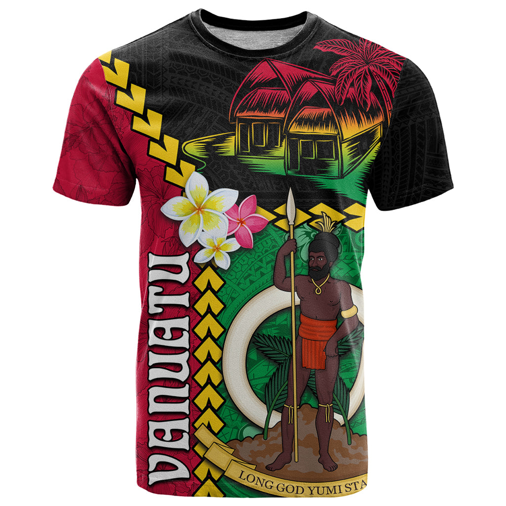 Vanuatu Nakamal and Plumeria Flowers T Shirt Polynesian Pattern LT03 Black - Polynesian Pride
