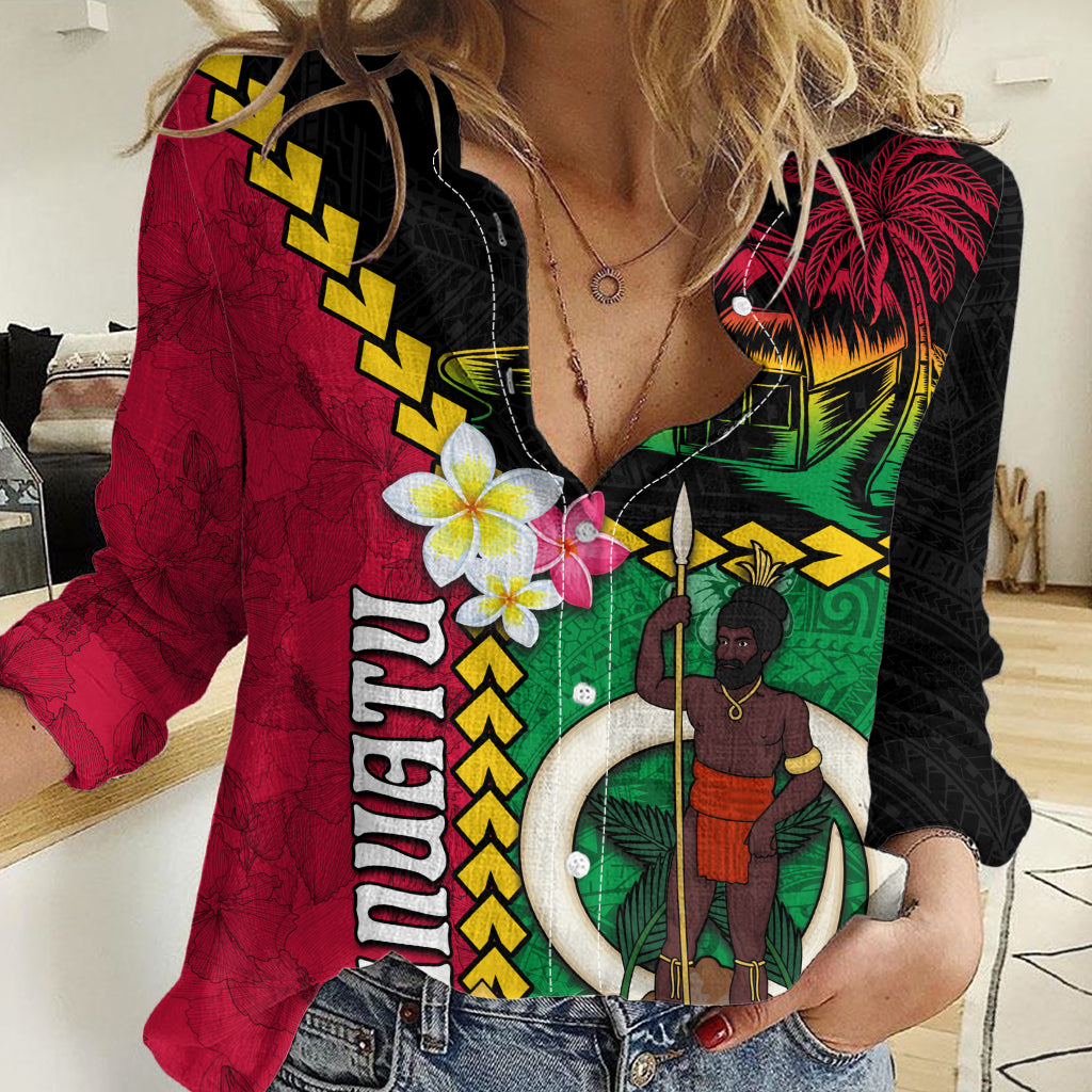 Vanuatu Nakamal and Plumeria Flowers Women Casual Shirt Polynesian Pattern LT03 Female Black - Polynesian Pride