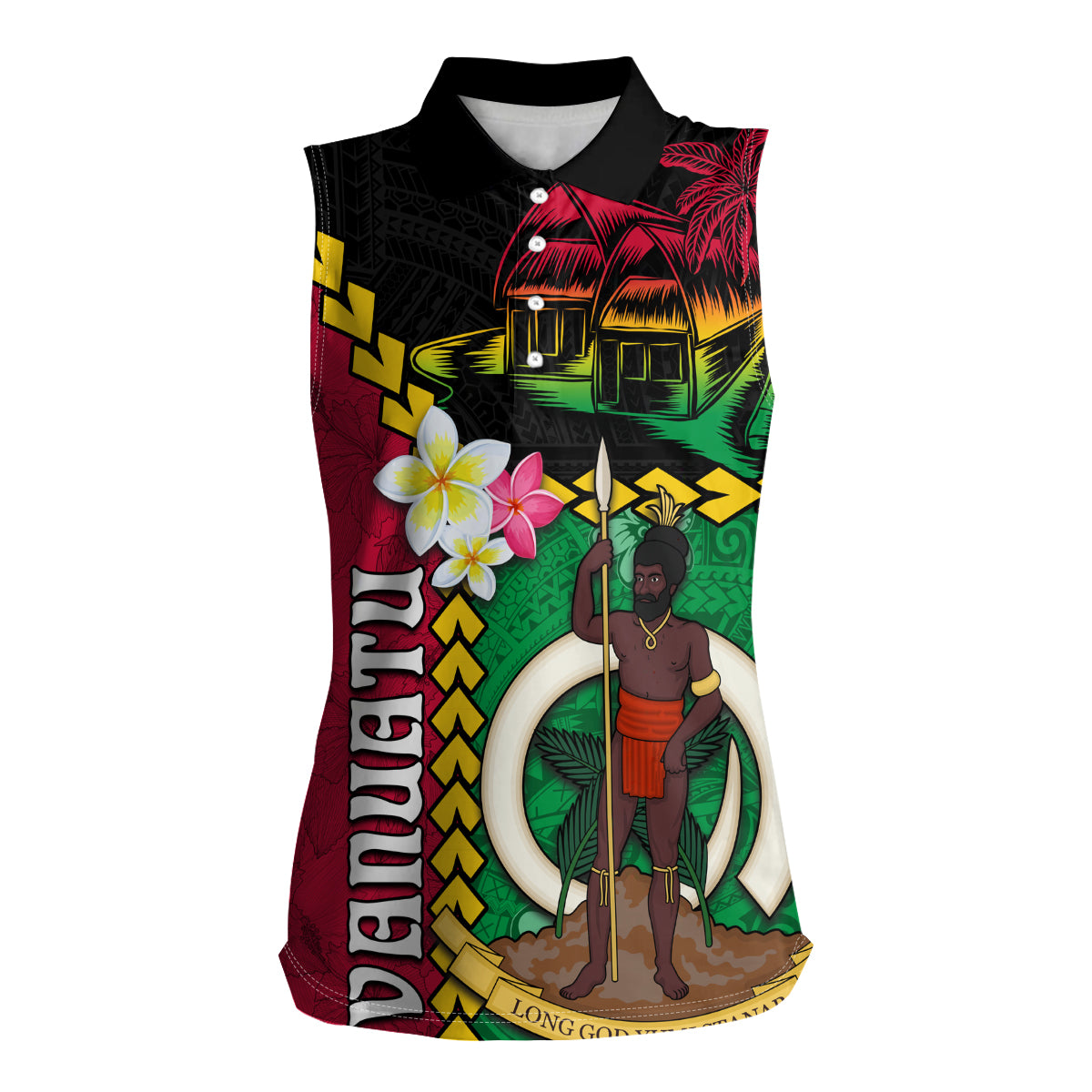 Vanuatu Nakamal and Plumeria Flowers Women Sleeveless Polo Shirt Polynesian Pattern LT03 Female Black - Polynesian Pride