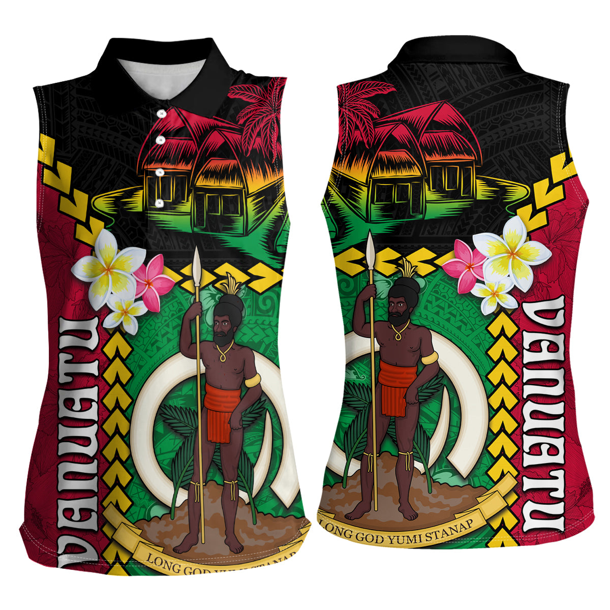 Vanuatu Nakamal and Plumeria Flowers Women Sleeveless Polo Shirt Polynesian Pattern LT03 - Polynesian Pride