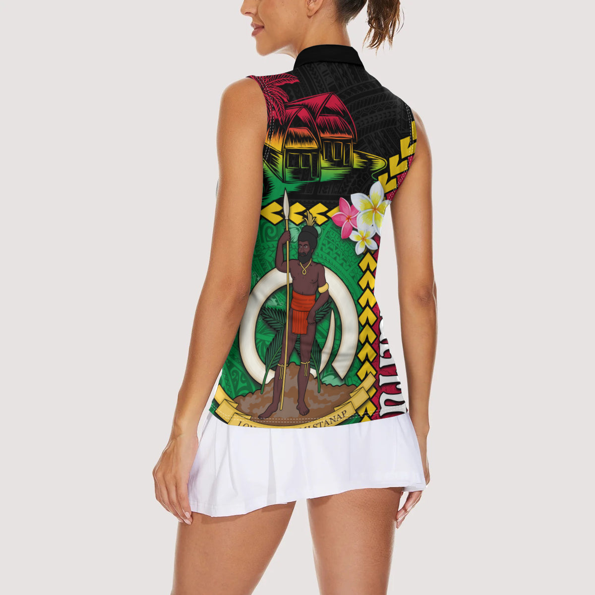 Vanuatu Nakamal and Plumeria Flowers Women Sleeveless Polo Shirt Polynesian Pattern LT03 - Polynesian Pride