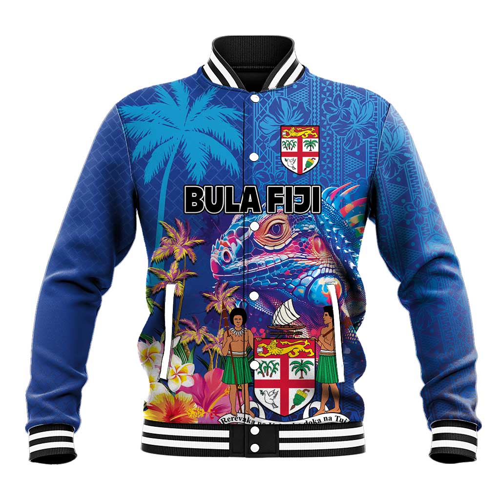 Fiji Bula Baseball Jacket Tropical Plants with Palm Tree and Iguana Colorful LT03 Unisex Blue - Polynesian Pride