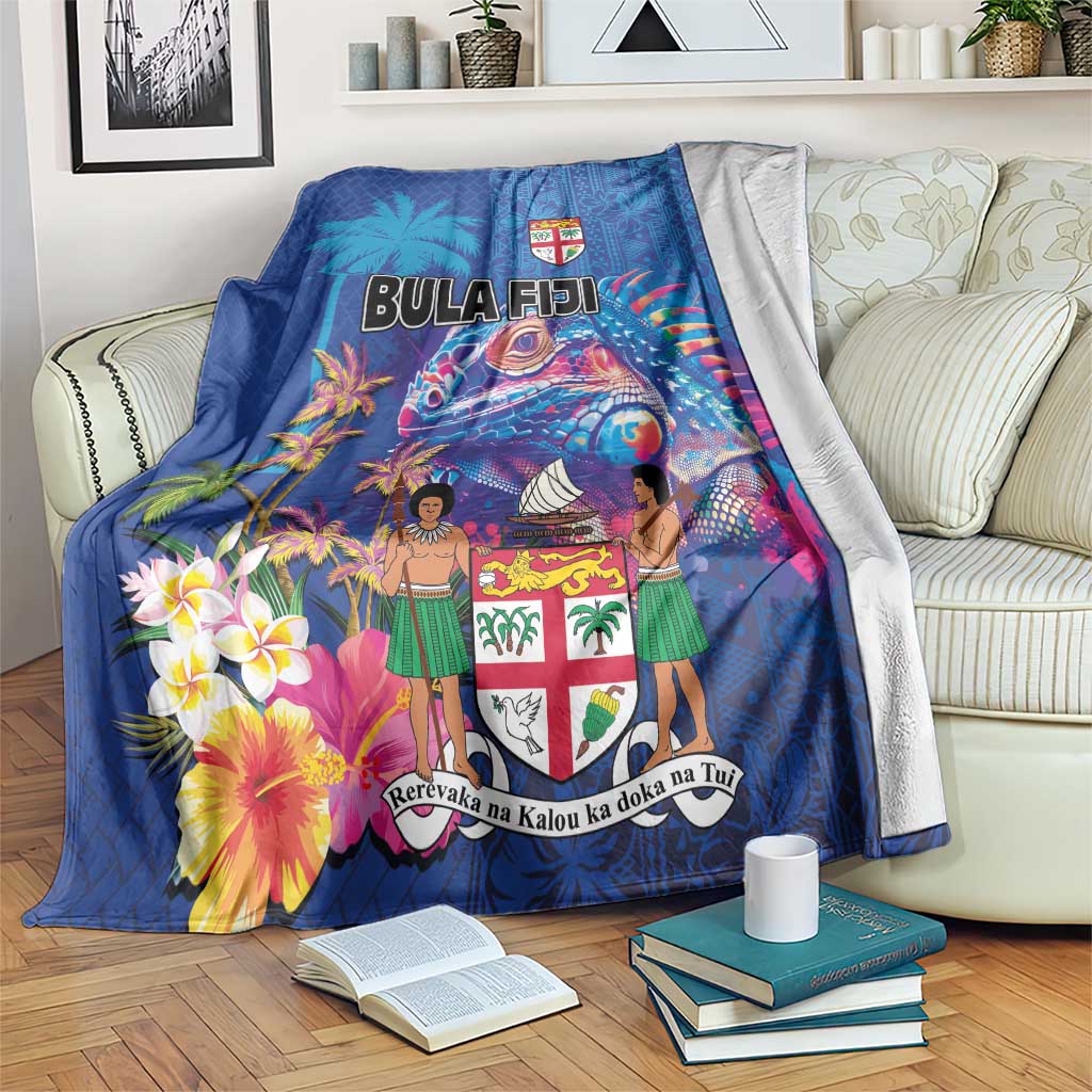 Fiji Bula Blanket Tropical Plants with Palm Tree and Iguana Colorful