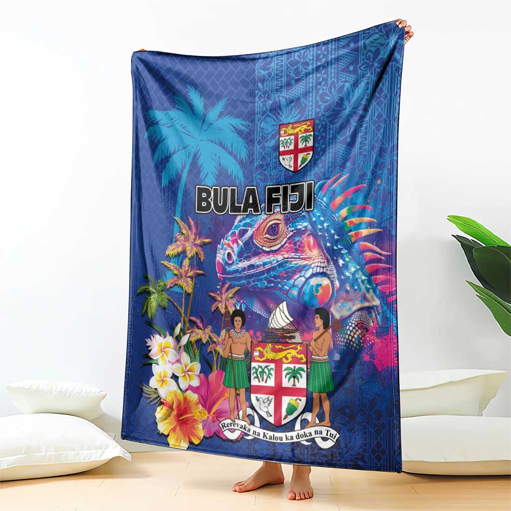 Fiji Bula Blanket Tropical Plants with Palm Tree and Iguana Colorful