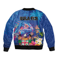Fiji Bula Bomber Jacket Tropical Plants with Palm Tree and Iguana Colorful