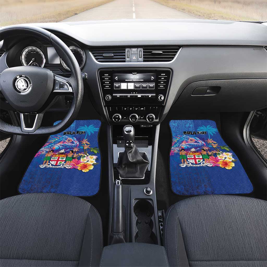 Fiji Bula Car Mats Tropical Plants with Palm Tree and Iguana Colorful LT03 Set 2pcs - Front Blue - Polynesian Pride