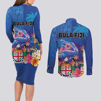Fiji Bula Couples Matching Long Sleeve Bodycon Dress and Long Sleeve Button Shirt Tropical Plants with Palm Tree and Iguana Colorful