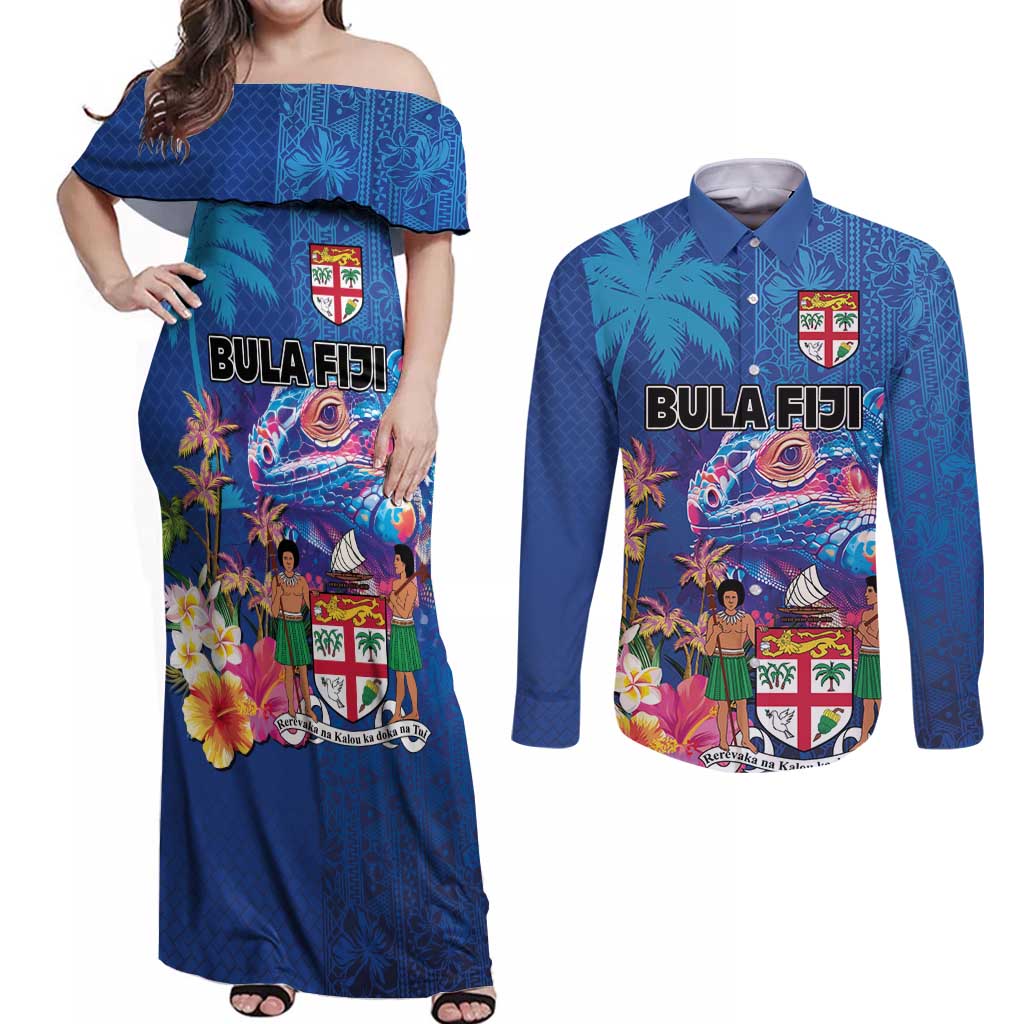 Fiji Bula Couples Matching Off Shoulder Maxi Dress and Long Sleeve Button Shirt Tropical Plants with Palm Tree and Iguana Colorful