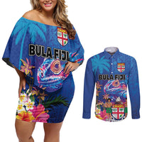 Fiji Bula Couples Matching Off Shoulder Short Dress and Long Sleeve Button Shirt Tropical Plants with Palm Tree and Iguana Colorful