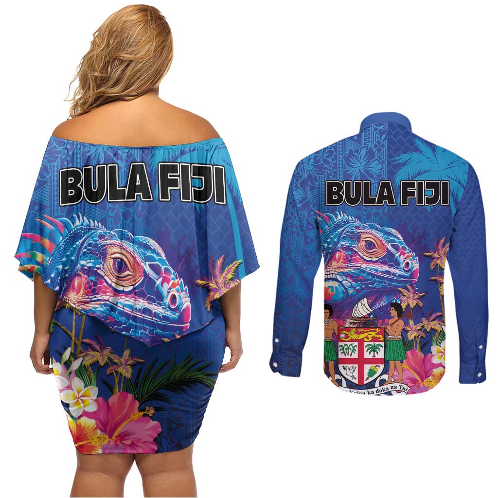 Fiji Bula Couples Matching Off Shoulder Short Dress and Long Sleeve Button Shirt Tropical Plants with Palm Tree and Iguana Colorful