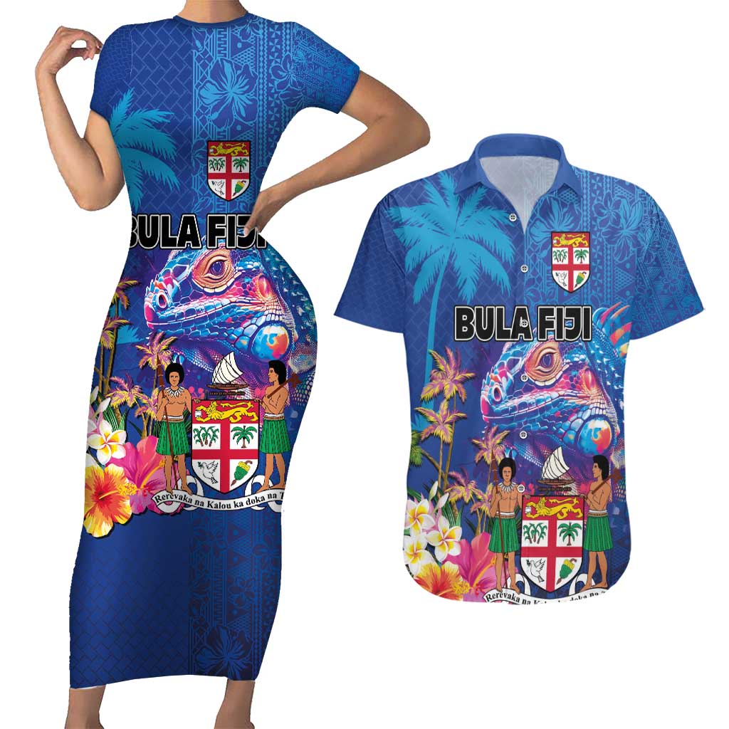 Fiji Bula Couples Matching Short Sleeve Bodycon Dress and Hawaiian Shirt Tropical Plants with Palm Tree and Iguana Colorful
