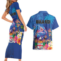 Fiji Bula Couples Matching Short Sleeve Bodycon Dress and Hawaiian Shirt Tropical Plants with Palm Tree and Iguana Colorful