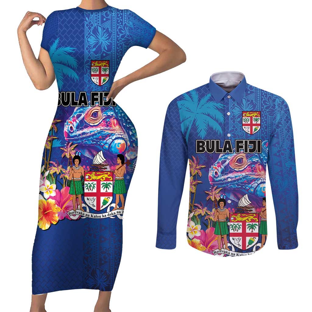Fiji Bula Couples Matching Short Sleeve Bodycon Dress and Long Sleeve Button Shirt Tropical Plants with Palm Tree and Iguana Colorful