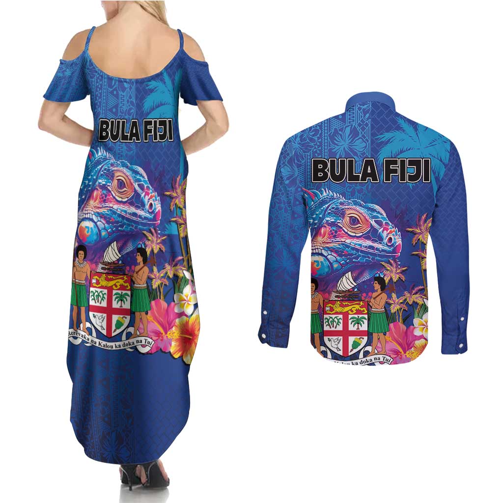 Fiji Bula Couples Matching Summer Maxi Dress and Long Sleeve Button Shirt Tropical Plants with Palm Tree and Iguana Colorful