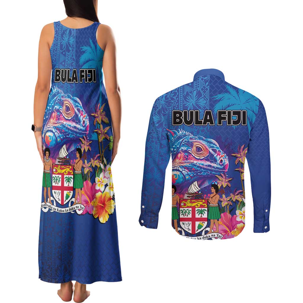 Fiji Bula Couples Matching Tank Maxi Dress and Long Sleeve Button Shirt Tropical Plants with Palm Tree and Iguana Colorful