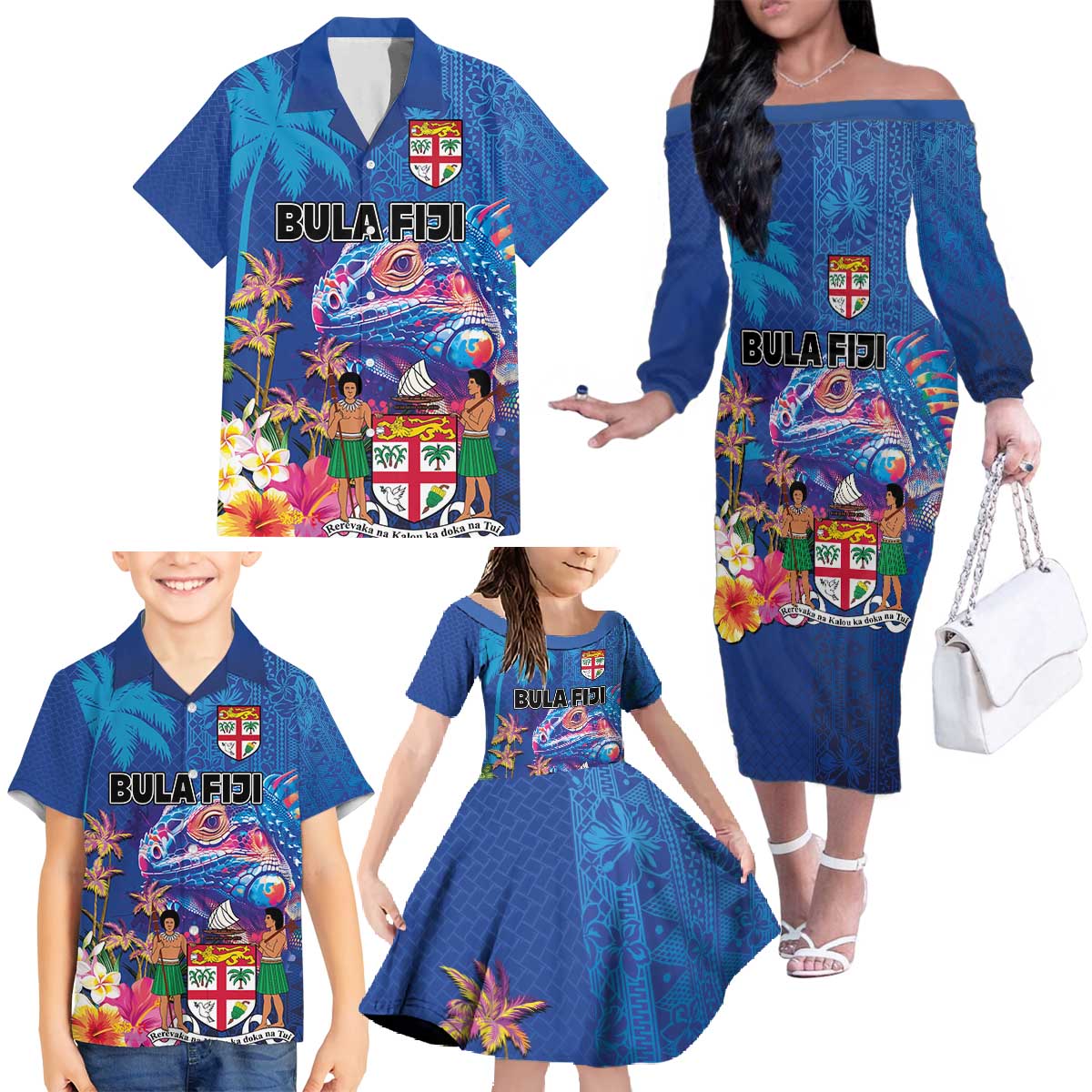 Fiji Bula Family Matching Off The Shoulder Long Sleeve Dress and Hawaiian Shirt Tropical Plants with Palm Tree and Iguana Colorful