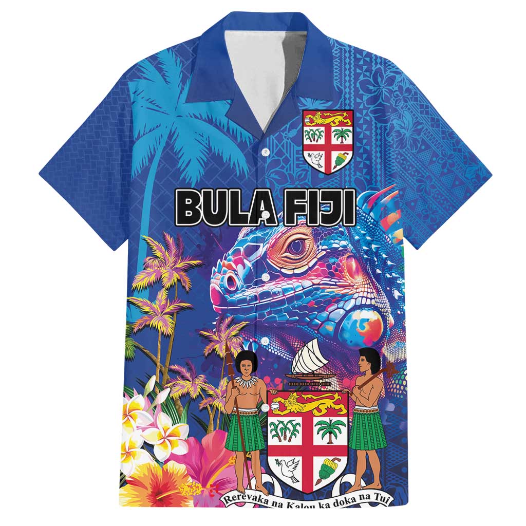 Fiji Bula Family Matching Tank Maxi Dress and Hawaiian Shirt Tropical Plants with Palm Tree and Iguana Colorful