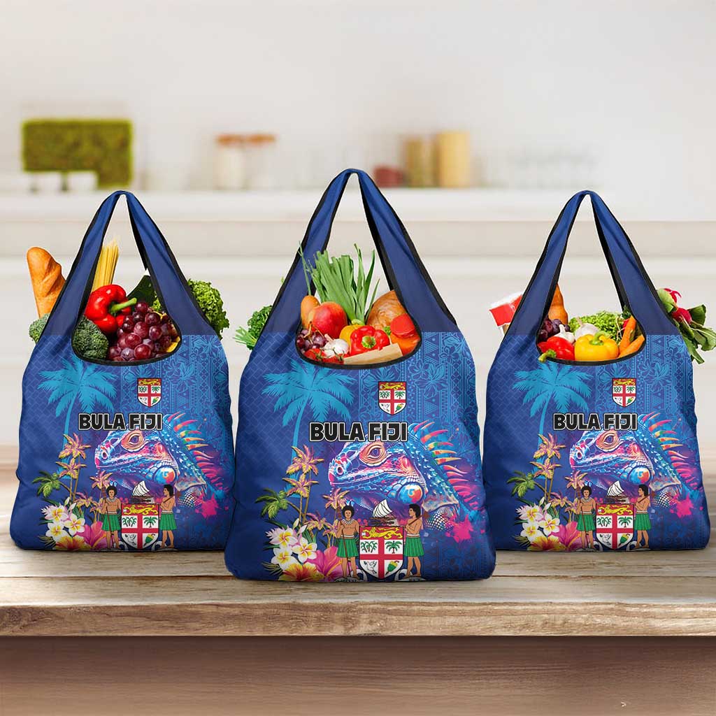 Fiji Bula Grocery Bag Tropical Plants with Palm Tree and Iguana Colorful LT03 3-pack One Size Blue - Polynesian Pride