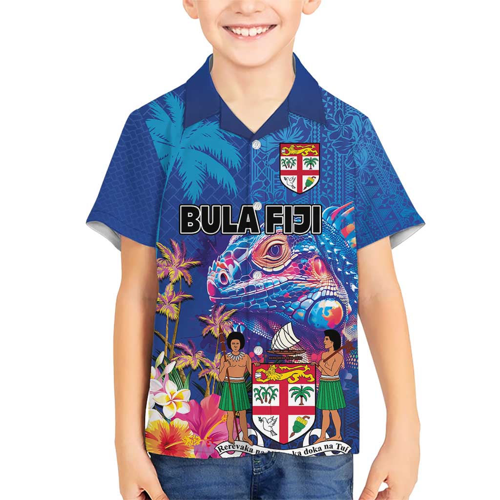 Fiji Bula Kid Hawaiian Shirt Tropical Plants with Palm Tree and Iguana Colorful