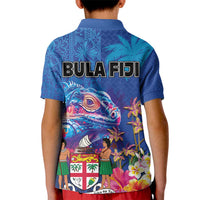 Fiji Bula Kid Polo Shirt Tropical Plants with Palm Tree and Iguana Colorful