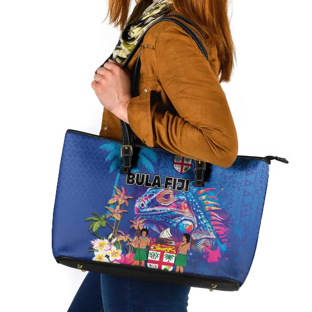 Fiji Bula Leather Tote Bag Tropical Plants with Palm Tree and Iguana Colorful