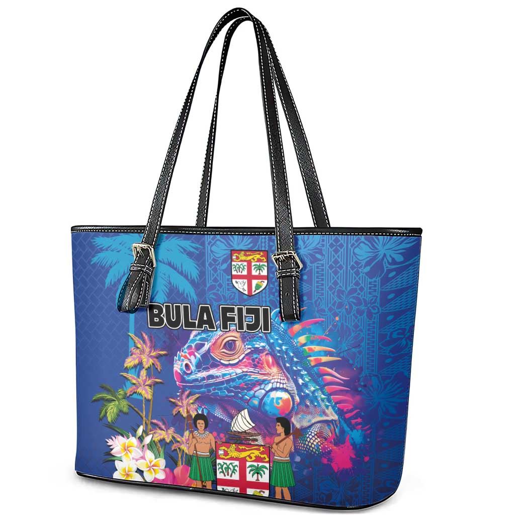 Fiji Bula Leather Tote Bag Tropical Plants with Palm Tree and Iguana Colorful