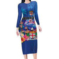 Fiji Bula Long Sleeve Bodycon Dress Tropical Plants with Palm Tree and Iguana Colorful