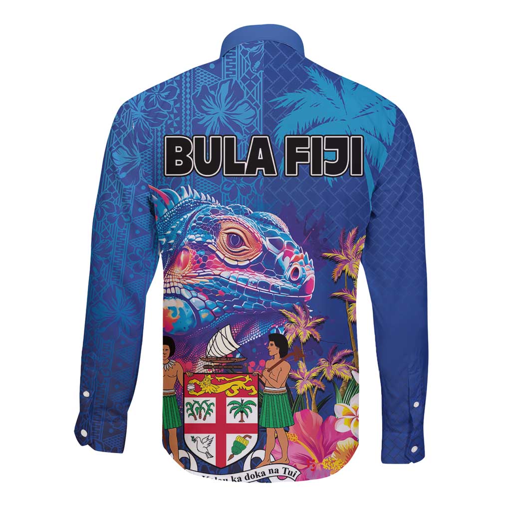 Fiji Bula Long Sleeve Button Shirt Tropical Plants with Palm Tree and Iguana Colorful