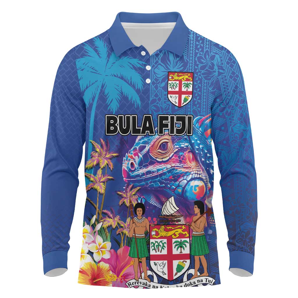 Fiji Bula Long Sleeve Polo Shirt Tropical Plants with Palm Tree and Iguana Colorful
