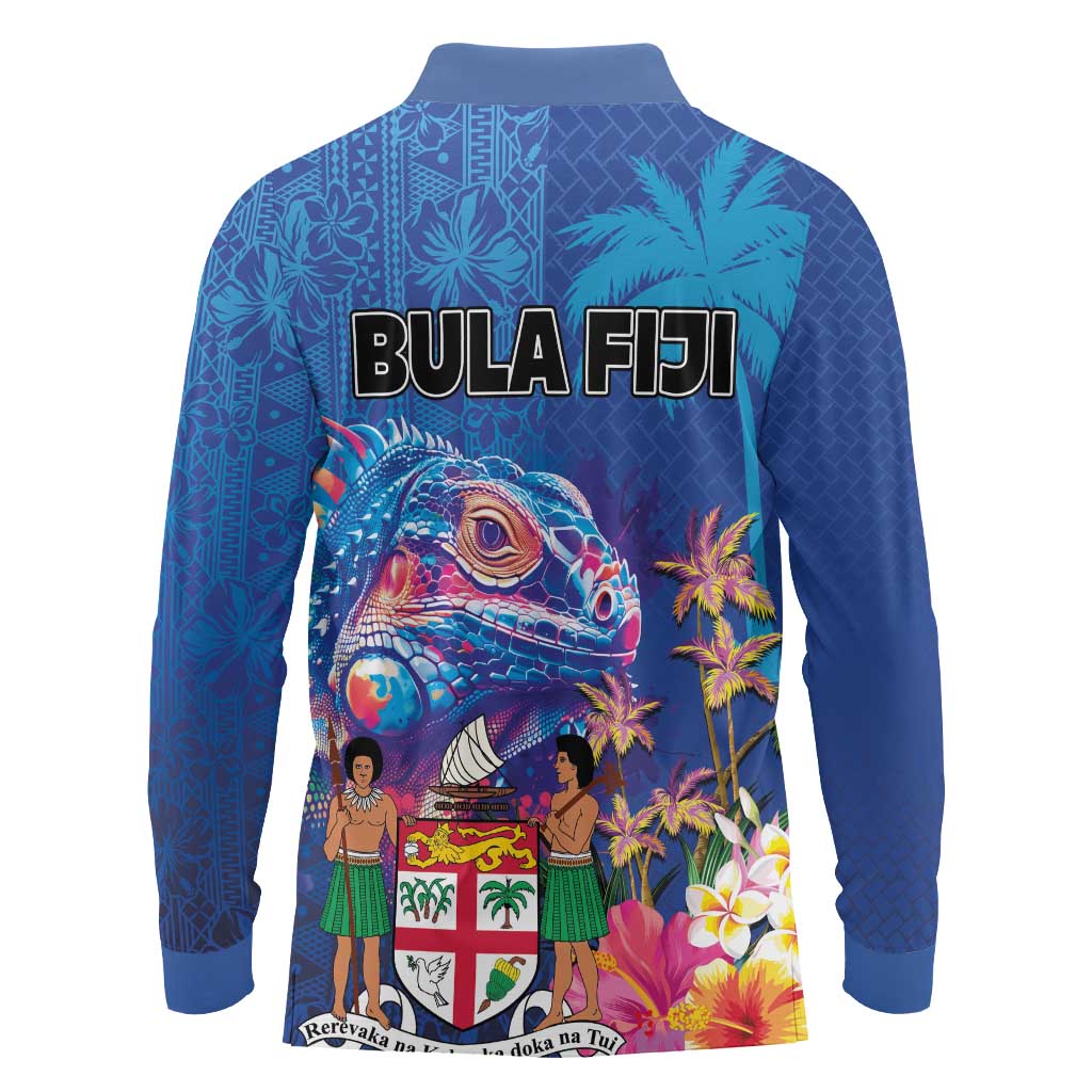 Fiji Bula Long Sleeve Polo Shirt Tropical Plants with Palm Tree and Iguana Colorful