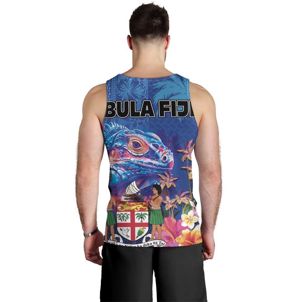 Fiji Bula Men Tank Top Tropical Plants with Palm Tree and Iguana Colorful