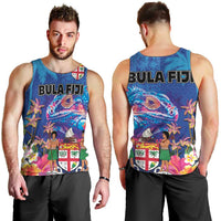 Fiji Bula Men Tank Top Tropical Plants with Palm Tree and Iguana Colorful