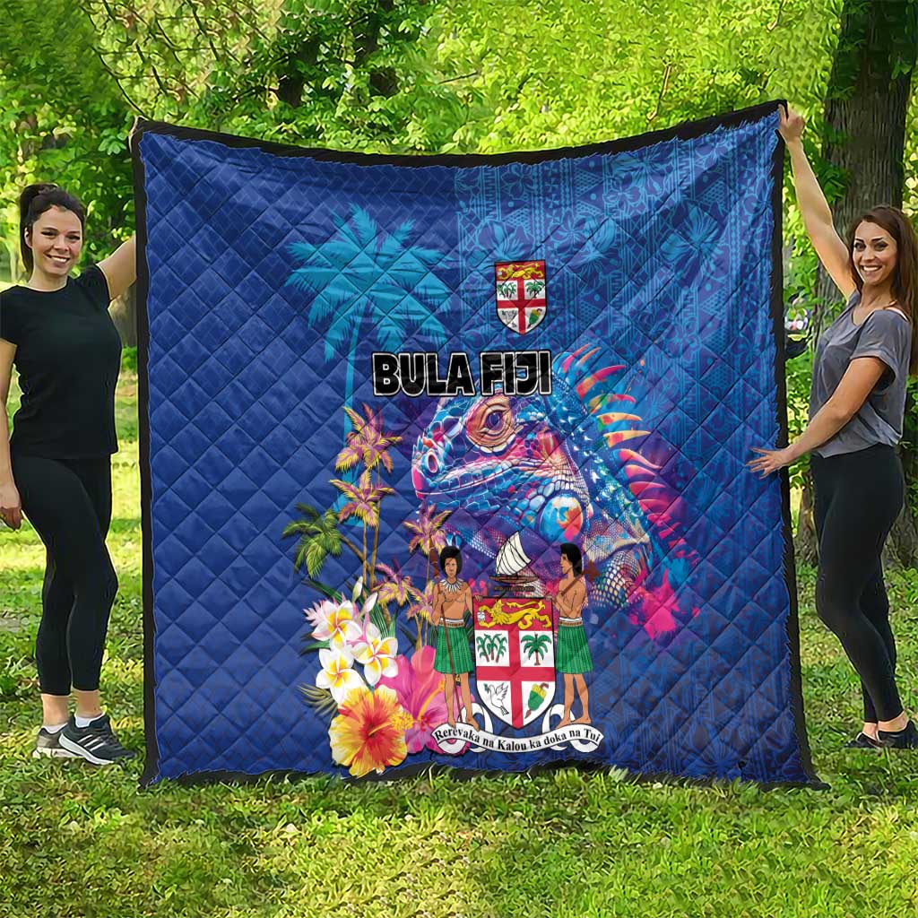 Fiji Bula Quilt Tropical Plants with Palm Tree and Iguana Colorful