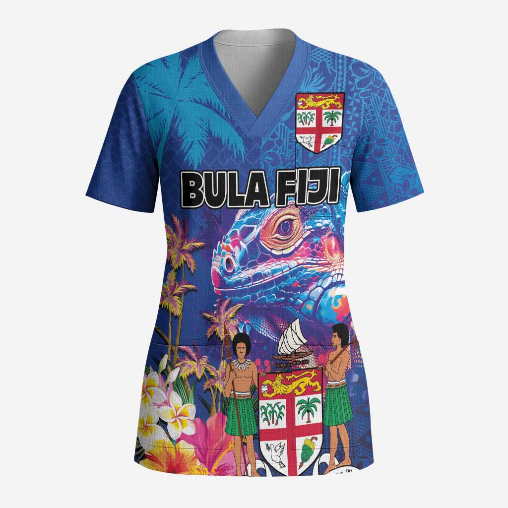 Fiji Bula Scrub Top Tropical Plants with Palm Tree and Iguana Colorful - Polynesian Pride