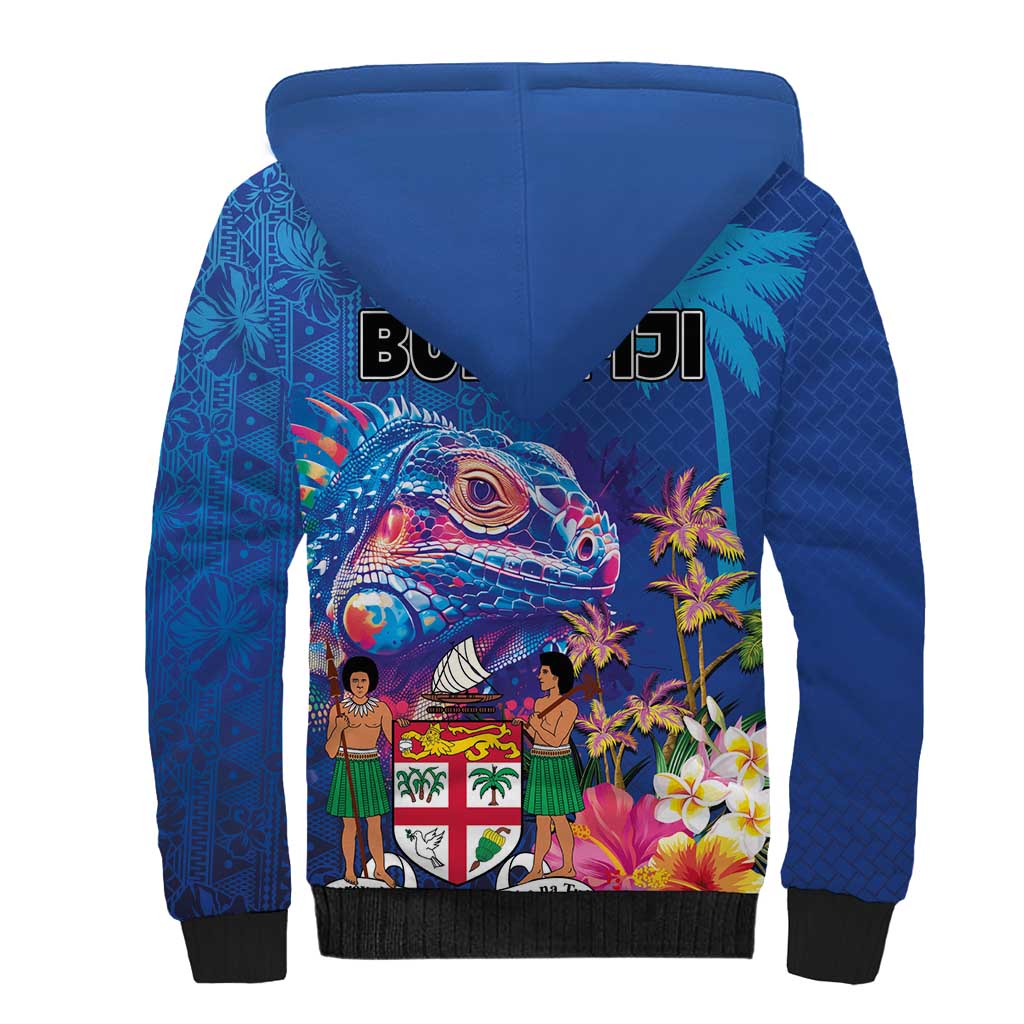 Fiji Bula Sherpa Hoodie Tropical Plants with Palm Tree and Iguana Colorful
