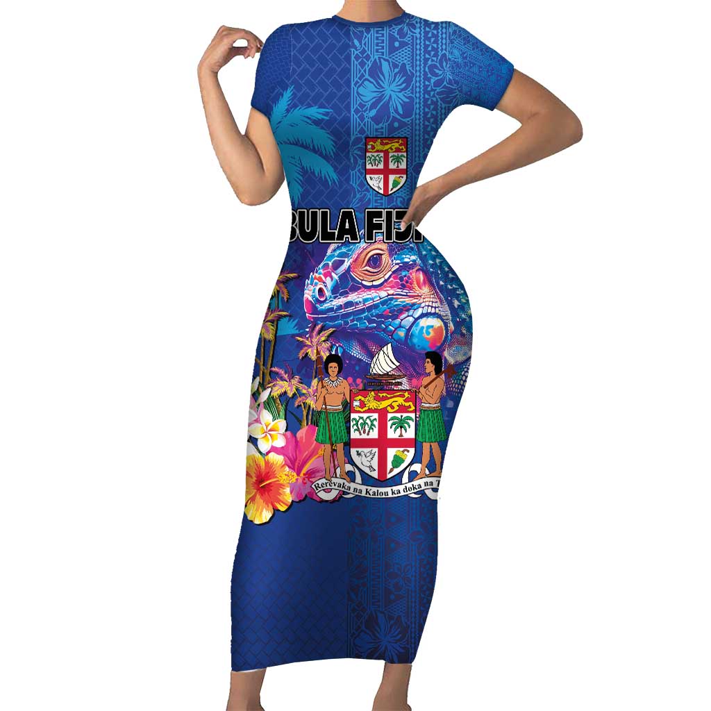 Fiji Bula Short Sleeve Bodycon Dress Tropical Plants with Palm Tree and Iguana Colorful
