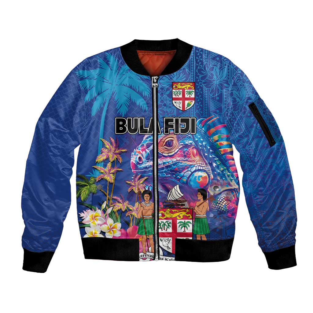 Fiji Bula Sleeve Zip Bomber Jacket Tropical Plants with Palm Tree and Iguana Colorful