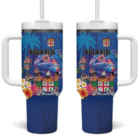 Fiji Bula Tumbler With Handle Tropical Plants with Palm Tree and Iguana Colorful LT03 One Size: 40 oz Blue - Polynesian Pride
