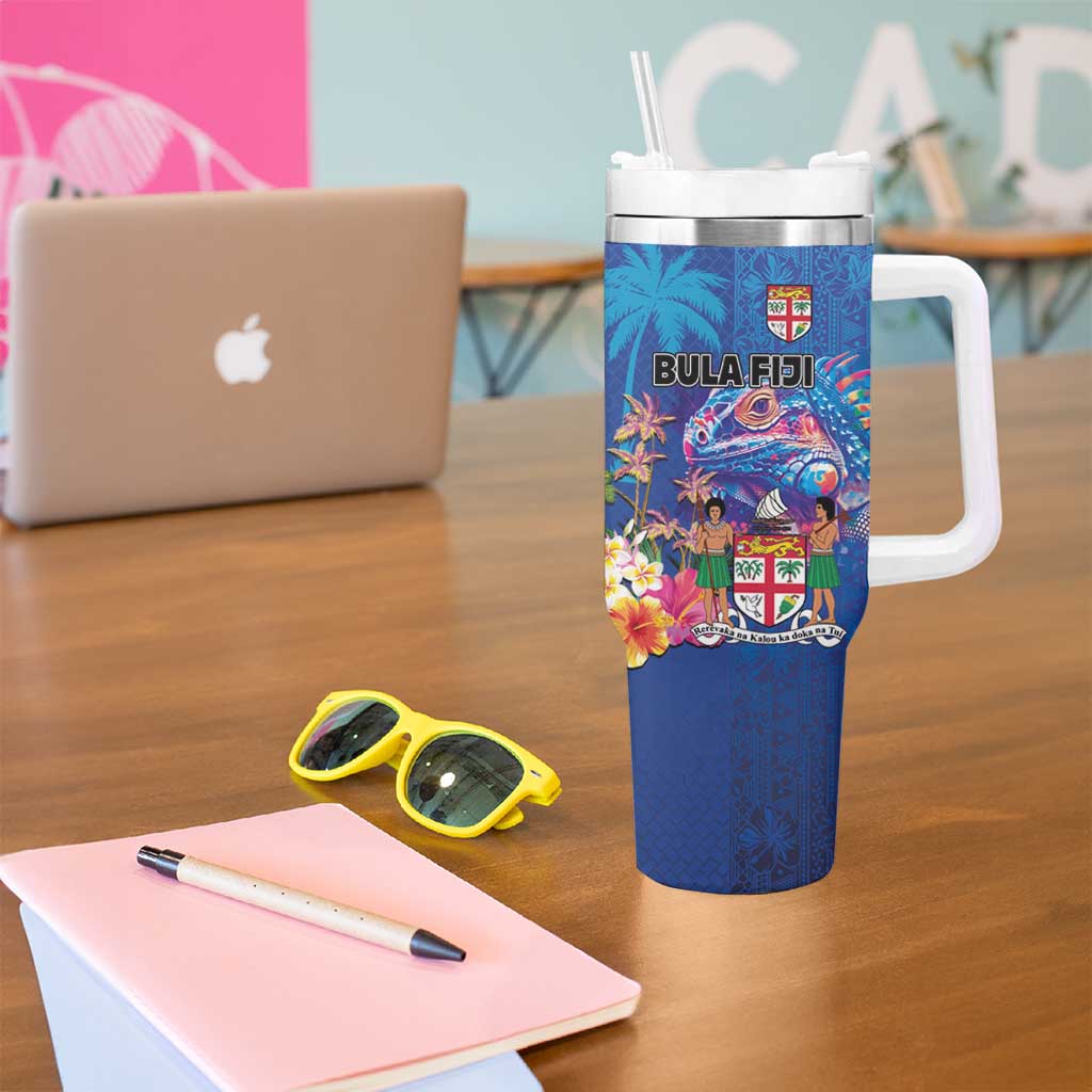 Fiji Bula Tumbler With Handle Tropical Plants with Palm Tree and Iguana Colorful LT03 - Polynesian Pride