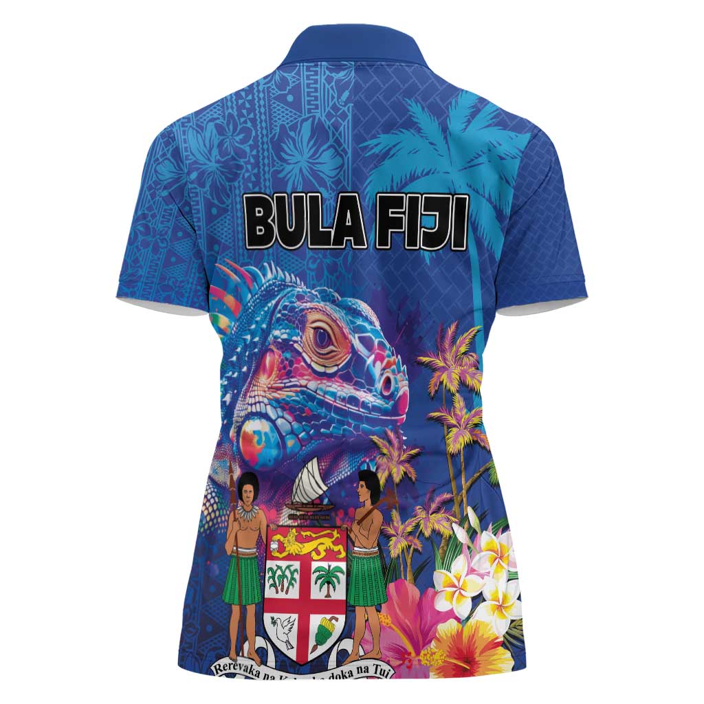Fiji Bula Women Polo Shirt Tropical Plants with Palm Tree and Iguana Colorful