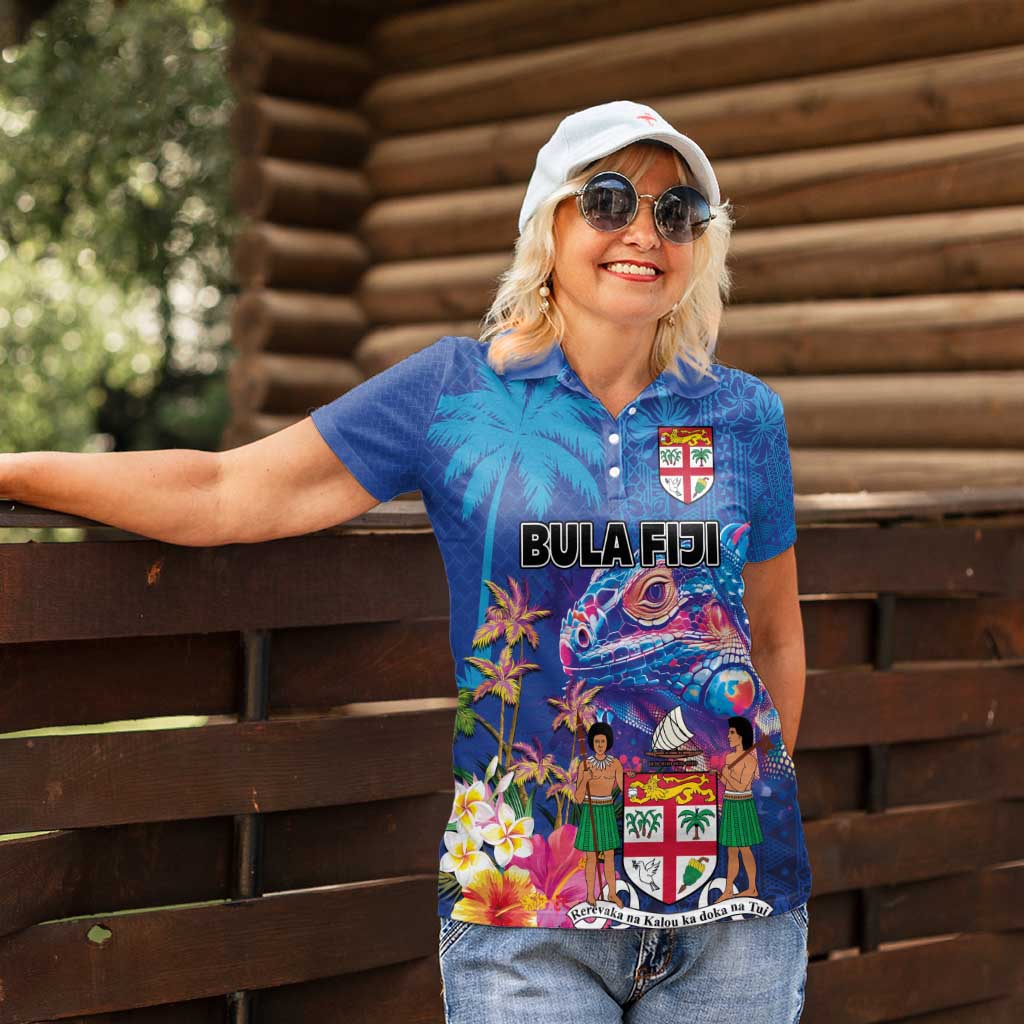 Fiji Bula Women Polo Shirt Tropical Plants with Palm Tree and Iguana Colorful