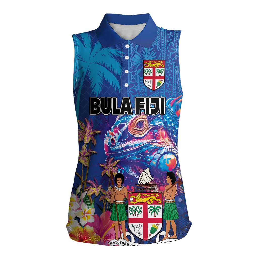 Fiji Bula Women Sleeveless Polo Shirt Tropical Plants with Palm Tree and Iguana Colorful