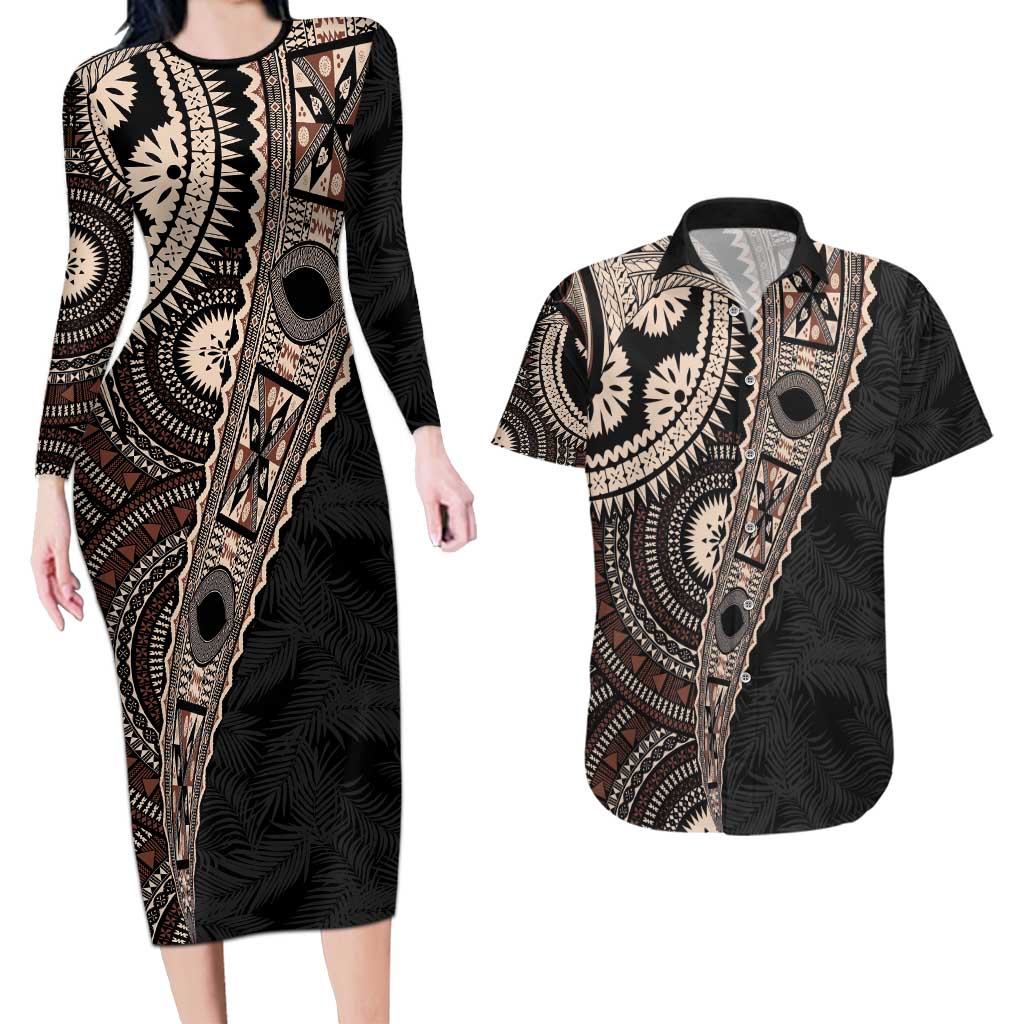 Fiji Traditional Masi Couples Matching Long Sleeve Bodycon Dress and Hawaiian Shirt Tapa Art Palm Leaves Pattern LT03 Brown - Polynesian Pride