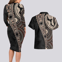 Fiji Traditional Masi Couples Matching Long Sleeve Bodycon Dress and Hawaiian Shirt Tapa Art Palm Leaves Pattern LT03 - Polynesian Pride