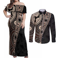 Fiji Traditional Masi Couples Matching Off Shoulder Maxi Dress and Long Sleeve Button Shirt Tapa Art Palm Leaves Pattern